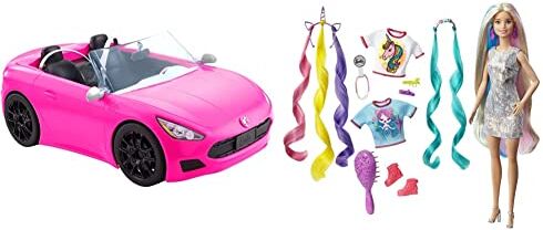 Barbie Cabrio Veicolo Decapottabile Rosa a Due Posti con Ruote Funzionanti e Dettagli Realistici, HBT92 & Bambola Capelli Fantasia A Tema Unicorni E Sirene con Accessori, GHN04