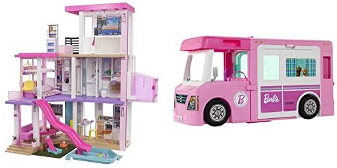 Barbie Casa dei Sogni Playset Casa di  3 piani Piscina Scivolo Ascensore Oltre 75 Accessori Alta 110 cm & Camper dei Sogni Veicolo 3 in 1 Trasformabile con Piscina