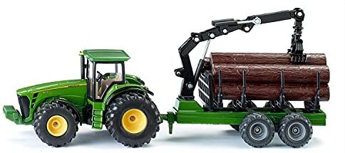 Siku , Trattore John Deere con rimorchio forestale, 1:50, Metallo e Plastica, Verde, Braccio e pinza completamente operativi