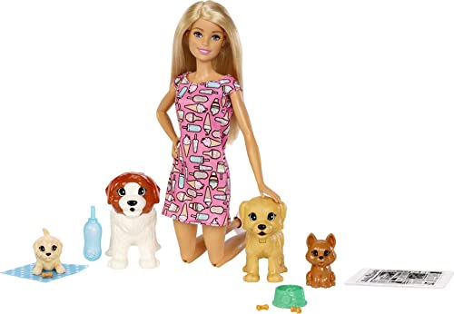 Barbie Doggy Daycare Playset Dogsitter con Bambola, Cuccioli, 4 Cagnolini tra Cui Uno Che Fa la Pupù e Uno Che Fa la Pipì, Carta Che Cambia Colore e Accessori, Giocattolo per Bambini 3 + Anni,