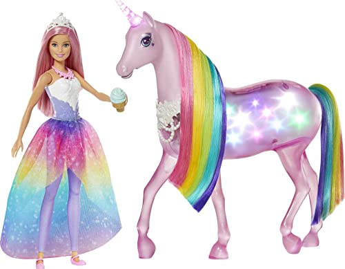 Barbie Dreamtopia Playset con Bambola e Unicorno Grande Che Si Illumina con Chioma da Pettinare, Giocattolo per Bambini 3+ Anni, única, Imballaggio Standard