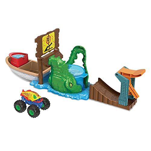 Hot Wheels Monster Trucks Palude del Coccodrillo Playset, da usare con l'acqua e 1 veicolo Monster Trucks Color Shifters, Giocattolo per Bambini 4+ Anni,