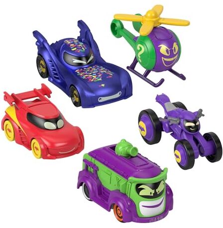 Fisher Price DC Batwheels Set da 5 Macchinine in Scala 1:55 Die-Cast Batcast Metal, Include Bam la Batmobile, Redbird, Prank, Bibi e Quizz, Giocattolo per Bambini, 3+ Anni,