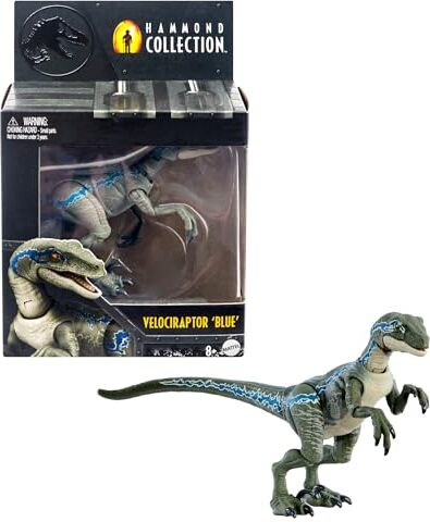 Mattel Jurassic World Velociraptor Blue Hammond Collection, dinosauro lungo 21+ cm con design premium, occhi in vetro e tanti punti d'articolazione, giocattolo per bambini, 8+ anni,