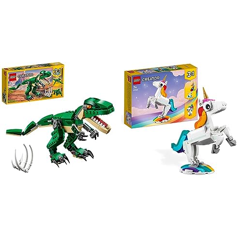 Lego 31058 Creator Dinosauro, Set Animali Giocattolo 3 in 1 per Costruire T & 31140 Creator Unicorno Magico con Arcobaleno, Set 3 in 1 con Fantastici Animali Giocattolo