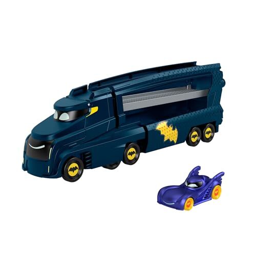 Fisher Price DC Batwheels Bat-Autotreno, playset Autotreno con rampa e Veicolo Bam Batmobile in Scala 1:55 Incluso, può Contenere 7 macchinine Die-Cast, Giocattolo per Bambini, 3+ Anni,