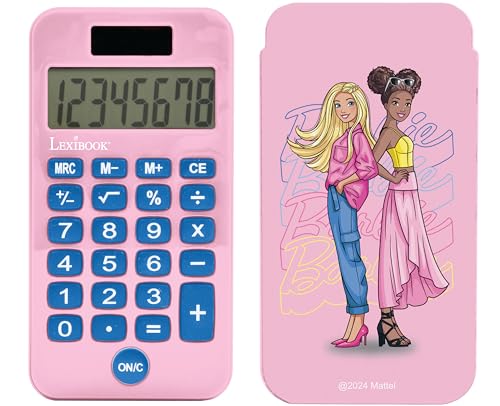 Lexibook , Mattel Barbie, Calcolatrice tascabile Barbie con coperchio protettivo, funzioni di calcolo convenzionali e avanzate, alimentata a batteria e a energia solare, rosa,