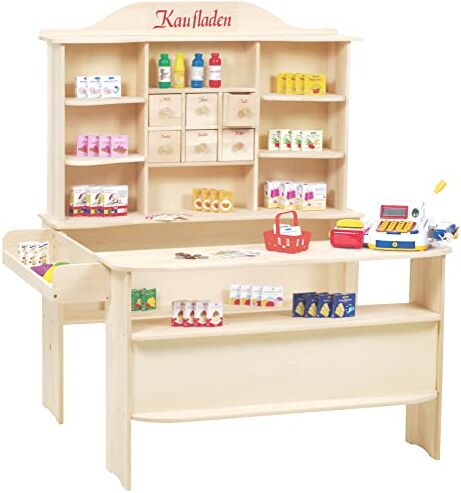 roba Grande Negozio Giocattolo per Bambini con Mensole e 6 Cassetti Accessori Inclusi Stand Vendita con 2 Piani di Lavoro Legno assiccio Naturale