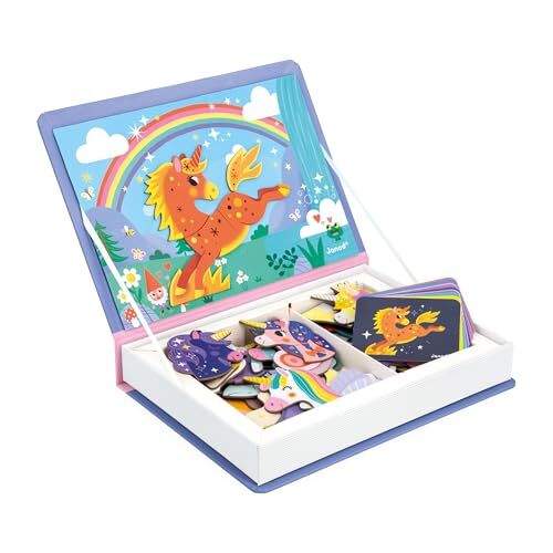 Janod Magnéti'Book Unicorni-Gioco Educativo Magnetico 44 Calamite + 10 Modelli-Giocattolo per Bambini in Cartone FSC-Sviluppa la Manualità e l'Immaginazione-dai 3 Anni, Multicolore,