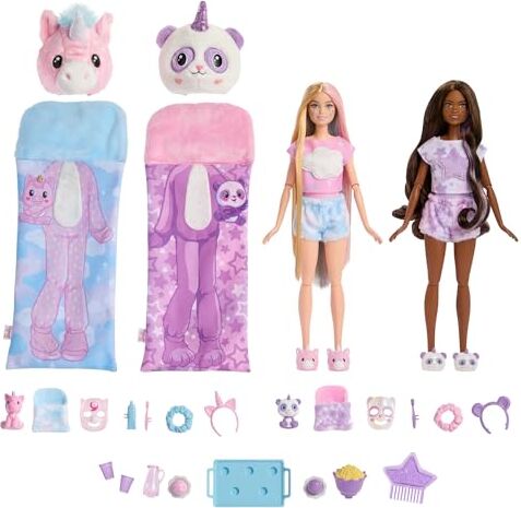 Barbie Cutie Reveal Pigiama Party Set Regalo, con 2 Bambole e 2 Cuccioli, Include 35+ sorprese e Costume di Peluche, con Effetto Cambia Colore, Giocattolo per Bambini, 3+ Anni,