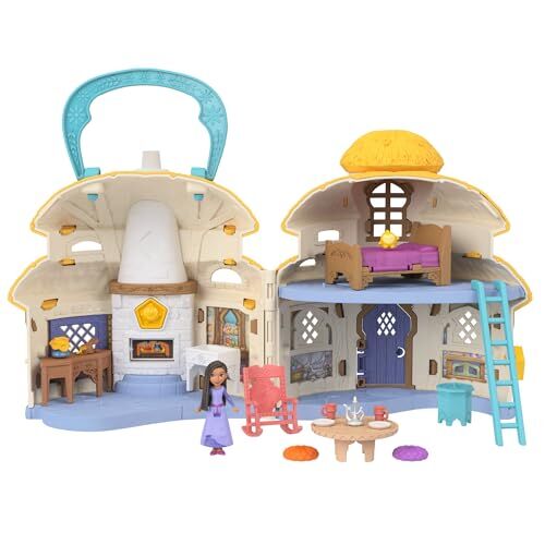 Mattel Disney Wish Playset portatile Casa di Asha di Rosas, cottage a 2 piani con mini bambola, personaggio di Star e 15+ mobili e accessori inclusi, giocattolo per bambini, 3+ anni,