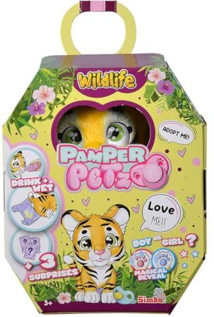 Simba Pamper Petz Tiger, con funzione di bere e bagnato, tigre giocattolo per bambini dai 3 anni in su, tigre per giocare, con sorpresa e zampa magica