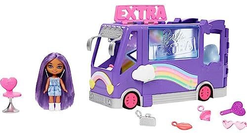 Barbie Extra Mini Minis, Bus Popstar playset con veicolo e bambola, bus da tournée espandibile, abiti e accessori, giocattolo per bambini 3+ Anni,