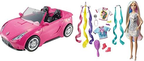 Barbie DVX59 Cabrio Glamour Auto Due Posti Con Dettagli Realistici, Rosa, 35,2 x 17,78 x 13,31 cm, Esclusivo Amazon & Bambola Capelli Fantasia A Tema Unicorni E Sirene con Accessori