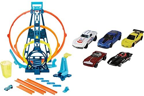 Hot Wheels - Track Builder, Playset Pista Triplo Loop, con Macchinina & , Pack con 5 Macchinine, Veicoli Giocattolo per Bambini 3+Anni, Modelli Assortiti, 01806