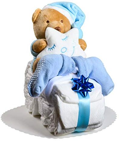 Homery Torta di pannolini con peluche, perfetta come regalo per bimbi e bimbe dopo la nascita o durante la festa di benvenuto, realizzata a mano