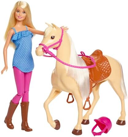 Barbie Playset Bambola e Cavallo, include una  snodata bionda con il caschetto e il suo cavallo marrone con sella e briglie rimovibili, giocattolo per bambini, 3+ anni,