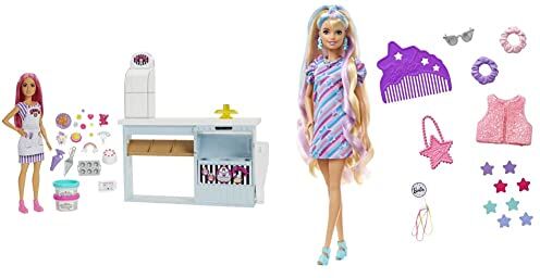 Barbie Pasticceria Playset con Bambola e Postazione da Pasticceria Bambola da 30 cm Oltre 20 Accessori per Dolci & Super Chioma Bambola con abito a stelle, HCM88