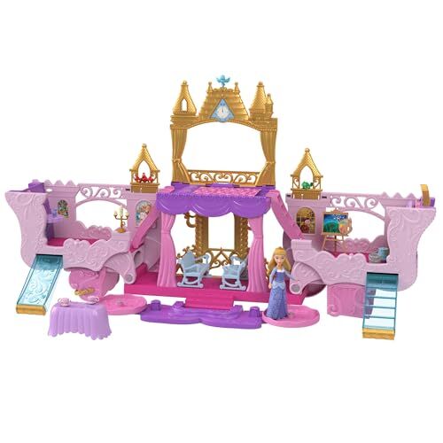 Mattel Disney Princess Castello Carrozza, playset trasformabile 2 in 1 con mini bambola Aurora, include 3 piani, 6 aree di gioco, 4 personaggi, e accessori, giocattolo per bambini, 3+ anni,