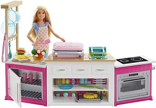 Barbie , Cucina da Sogno con Bambola, 5 Aree di Gioco, Pasta Modellabile, Luci e Suoni, Giocattolo per Bambini 4 + Anni, Packaging Online,