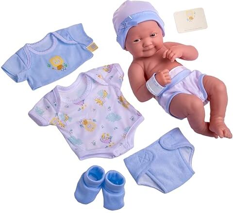 JC TOYS Bambola La Newborn appena nata da 38 cm, in vinile morbido, include abbigliamento e 8 accessori, blu, disegnata in Spagna da Berenguer, 2 anni