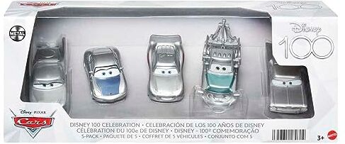 Confezione da 5 veicoli die-cast in scala 1:55, include Saetta McQueen, Sally, Cricchetto, Flo e Ramone, Anniversario Disney 100, giocattolo per bambini, 4+ anni,