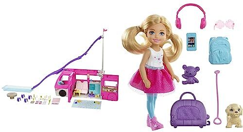 Barbie Camper dei Sogni Veicolo con Scivolo e Piscina 2 Cuccioli & Dreamhouse Adventures- Bambola Chelsea con Cucciolo e Accessori, Giocattolo per Bambini 3+