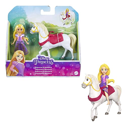 Mattel Disney Princess Rapunzel e Maximus, bambola piccola snodata e cavallo Maximus ispirati al film Disney Rapunzel, Giocattolo per Bambini 3+ Anni,
