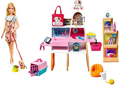 Barbie Negozio degli Animali, playset con postazione per la toeletta, Bambola, 4 Amici animaletti e 20+ Accessori Inclusi, Giocattolo per Bambini, 3+ Anni,