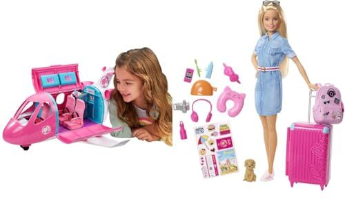 Barbie - Aereo Dei Sogni, Playset Veicolo E Accessori, Bambola Non Inclusa & In Viaggio, Bambola Bionda Con Cucciolo, Valigia Che Si Apre