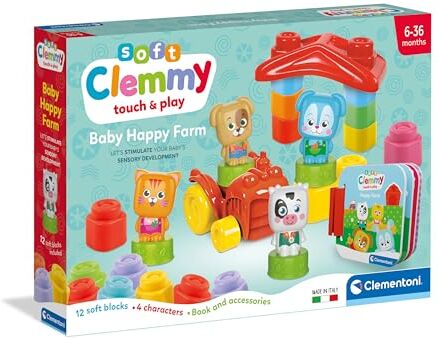 Clementoni Soft Clemmy Baby Happy Farm Set Costruzioni Prima Infanzia, Mattoncini Morbidi Clemmy, Blocchi Bambini 6 Mesi, Gioco Sensoriale, Lavabili, Made in Italy