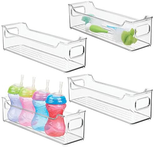 mDesign Set da 4 Organizer per Cameretta – Contenitore portaoggetti in plastica con manici senza coperchio – Box impilabili ideali per giocattoli, vestiti o bambole – trasparente