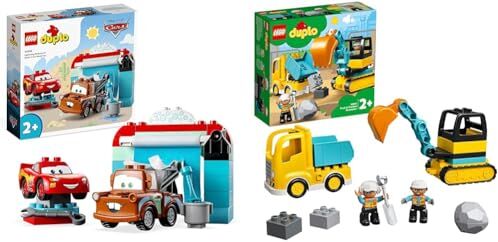 Lego 10996 DUPLO   Disney PixarCars Divertimento all’Autolavaggio con Saetta McQueen e Cricchetto & 10931 DUPLO Town Camion e Scavatrice Cingolata, Scavatore Giocattolo per Bambini dai 2 Anni