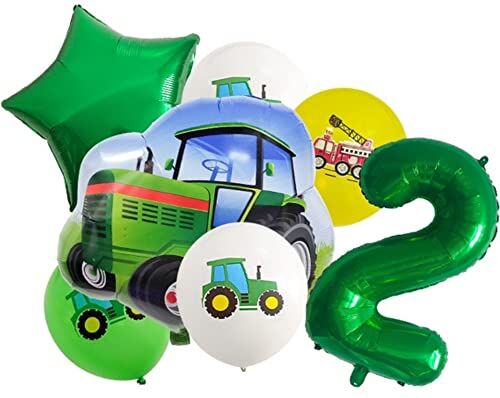 DIWULI Trattore Compleanno Deco 2 Anni Set Palloncino Trattore Deco, Palloncino Numero 2 Palloncino Verde, Trattore Giocattolo Palloncino Foil Agricolo, 2° Compleanno Bambino, Deco Festa