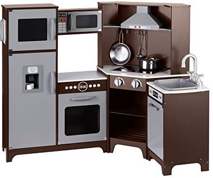 Amazon Basics Cucina giocattolo angolare in legno con sportelli, manopole e luci interattive, 99 x 71 x 89 cm, Color Espresso E Grigio