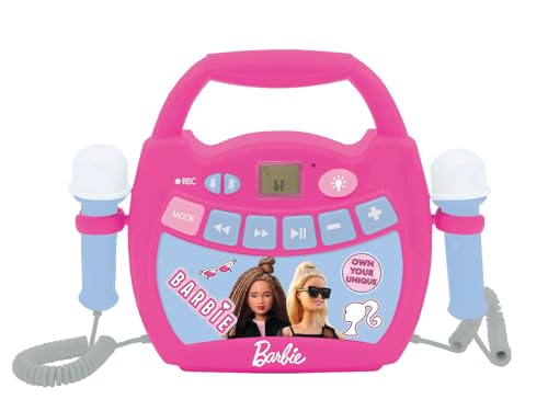 Lexibook , Mattel Barbie, Lettore digitale karaoke portatile per bambini, Microfoni, Effetti luce, Bluetooth®, Funzioni di registrazione e cambio voce, Rosa,