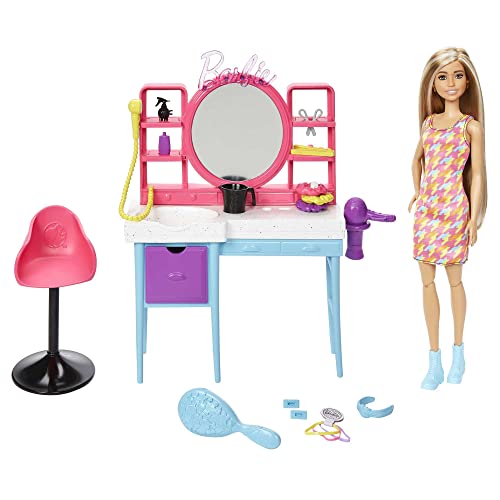 Barbie Playset Salone di Bellezza Bambola Super Chioma, include 1 bambola con capelli lunghi cambia-colore, abito pied-de-poule e 15+ accessori per capelli, giocattolo per bambini, 3+ anni,