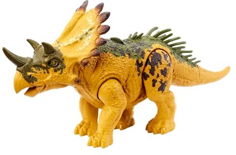 Mattel Jurassic World Dinosauro Rigaliceratopo Ruggito Selvaggio, action figure snodata con azione di attacco e ruggito roboante, giocattolo per bambini, 4+ anni,