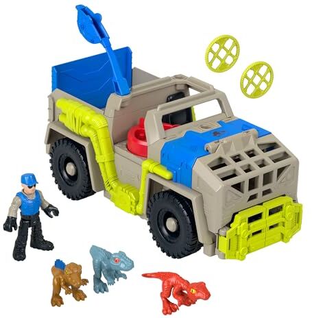 Fisher Price Imaginext Jurassic World Trasportatore Insegui e Cattura, playset con Veicolo Fuoristrada, 1 personagio e 3 Dinosauri, con Lanciatore e 2 Dischi Inclusi, Giocattolo per Bambini, 3+ Anni,