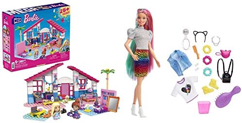 Barbie MEGA Casa di Malibu con le 2 micro-bambole, adorabile cucciolo e tanti accessori, Giocattolo per Bambini 5+ Anni, GWR34 & ​Bambola Capelli Multicolor con Funzione Cambia Colore