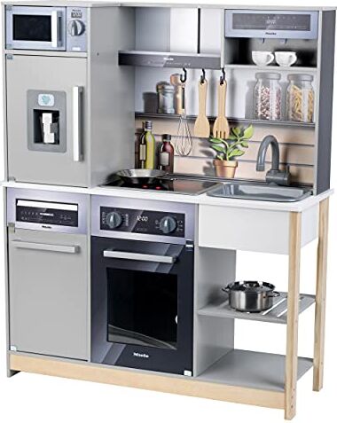 Klein Theo   Cucina familiare Miele, Legno, Fornello con Luce e Suono, Forno a microonde e Frigorifero, con Accessori da Cucina, Per Bambini dai 3 Anni in su