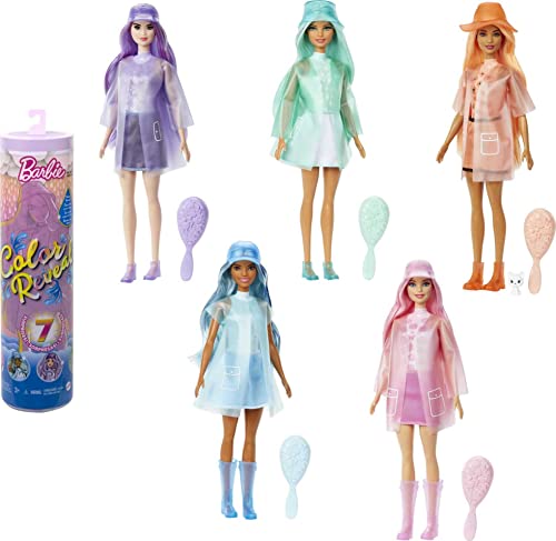 Barbie Color Reveal con 7 sorprese, Serie Sole Pioggia con Nuvolette ed Effetto Cambia Colore, Regalo e Giocattolo per Bambini 3+ Anni, , Modello Casuale e Assortito.