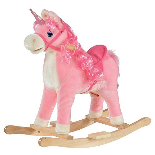 HOMCOM Cavallo a Dondolo per Bambini 36-72 Mesi, Unicorno a Dondolo con Suoni in Legno e Peluche Rosa, 74x33x62cm