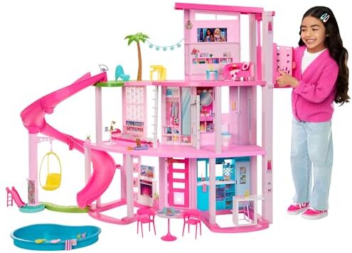 Barbie Casa dei Sogni di , playset casa delle bambole con piscina, scivolo a 3 piani, ascensore e aree di gioco per cuccioli, 75+ accessori, giocattolo per bambini, 3+ anni,