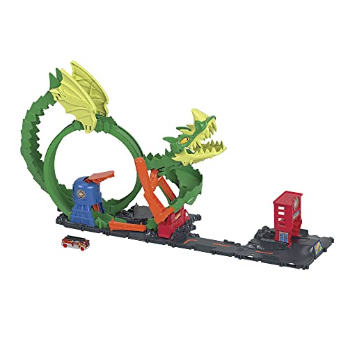 Hot Wheels -Dragone di Fuoco con 1 Veicolo Die-Cast Incluso e Stazione dei Pompieri, Giocattolo per Bambini 5+ Anni,