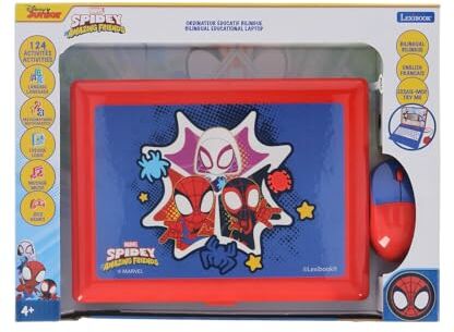 Lexibook Disney Marvel Spider-Man Laptop educativo e bilingue francese/inglese Giocattolo per bambini (ragazzi e ragazze) 124 attività, impara giochi e musica blu/rosso,