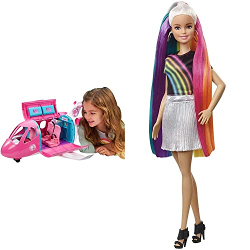 Barbie - Aereo dei sogni, Playset Veicolo e Accessori, Bambola Non Inclusa, Giocattolo per Bambini 3+ Anni, GDG76 & Bambola con Capelli Lunghi Arcobaleno e Tanti Accessori, Giocattolo per 5 + Anni