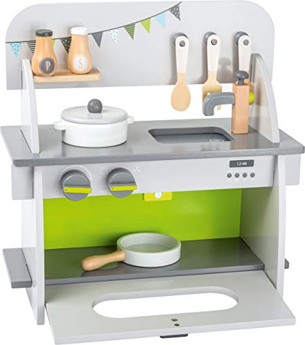 Small Foot Cucinetta compatta in legno, con forno, manopole girevoli, pentola, padella e accessori, da 3 anni,