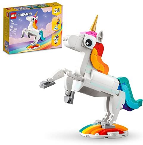 Lego Creator 31140 Giocattolo magico unicorno 3 in 1 da cavalluccio marino a pavone, statuette di animali arcobaleno, regalo per ragazze e ragazzi, giocattoli costruibili