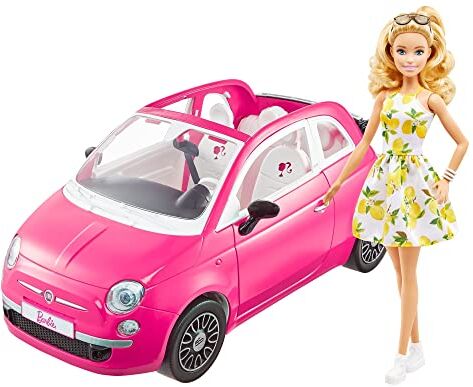 Barbie Bambola  e Auto Fiat 500, Veicolo Rosa a 4 Posti con Bambola , Abito e Accessori, Giocattolo per Bambini 3+ Anni,